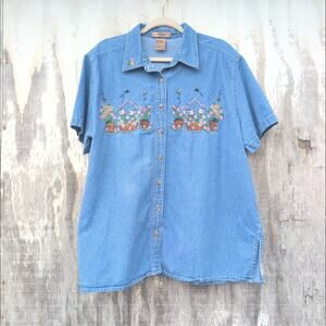 Vintage Just My Size Denim Embroidered Cottage Core Button Up Women's 18W/20W